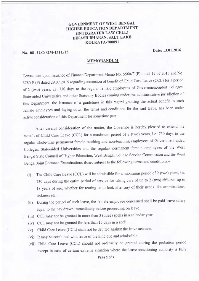 Guidelines to Grant Child Care Leave to Female Employees – PDF