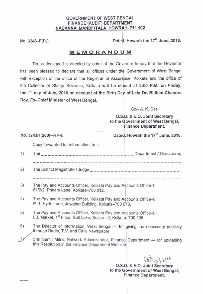 Holiday on Birth Day of Late Dr. B.C. Roy, 2016 – PDF