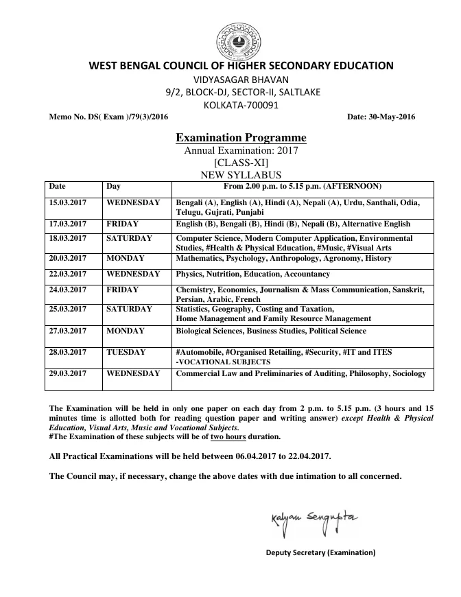 Annual Examination Programme (Class XI), 2017 – PDF