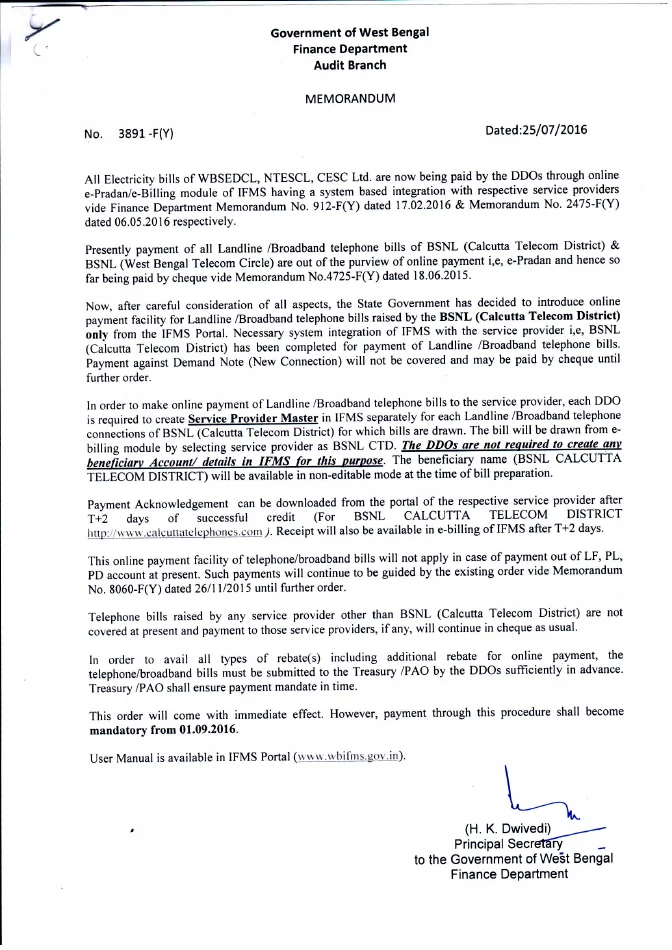 Landline/ Broadband Telephone Bills through IFMS – PDF