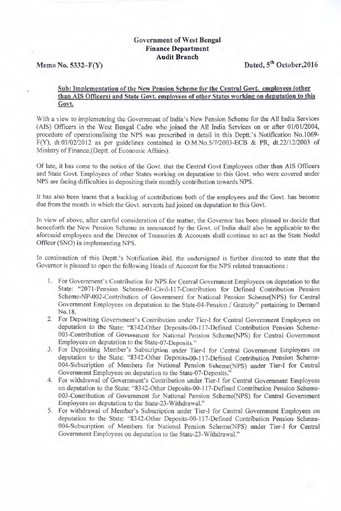 NPS for State Govt. Employees on Deputation – PDF