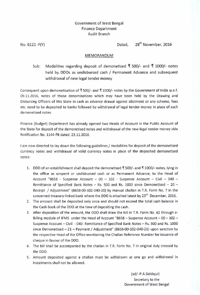 Modalities for Deposit of Demonetised Currency by DDO – PDF