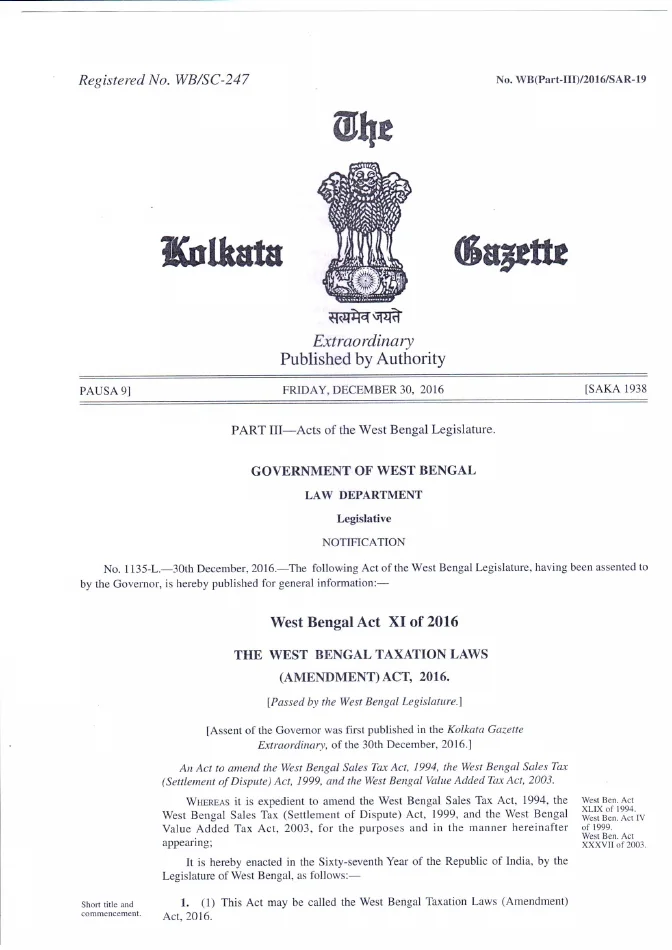 West Bengal Taxation Laws (Amendment) Act, 2016 – PDF
