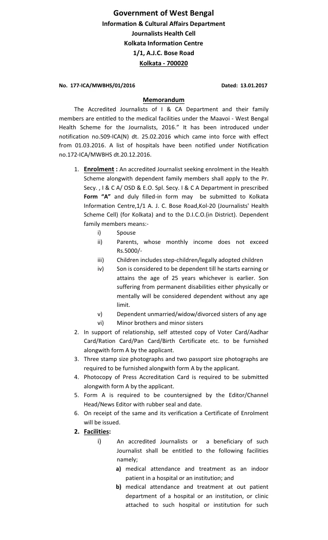 West Bengal Health Scheme for Journalists – Maavoi – PDF