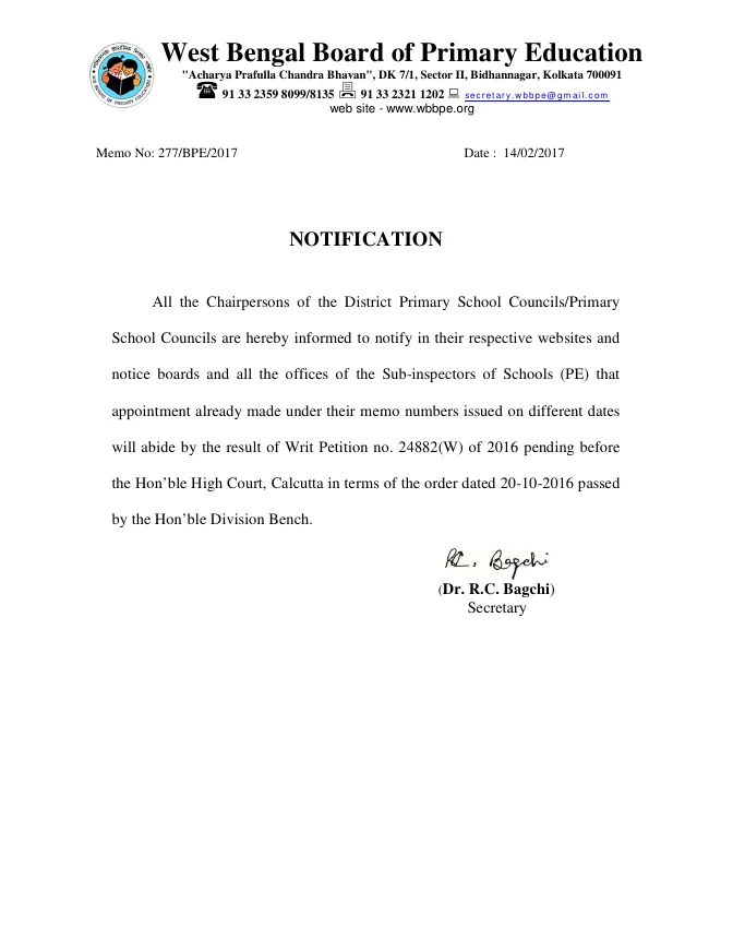 Appointment based on Writ Petition No. 24882(W) of 2016 – PDF