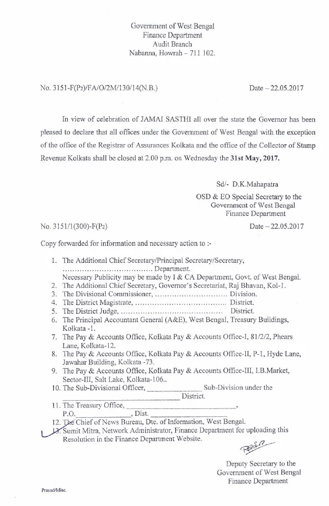 Holiday for Celebration of Jamai Sasthi, 2017 – PDF