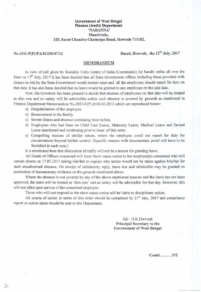 Treatment of Absence on 17.07.2017 for Bandh/Strike – PDF