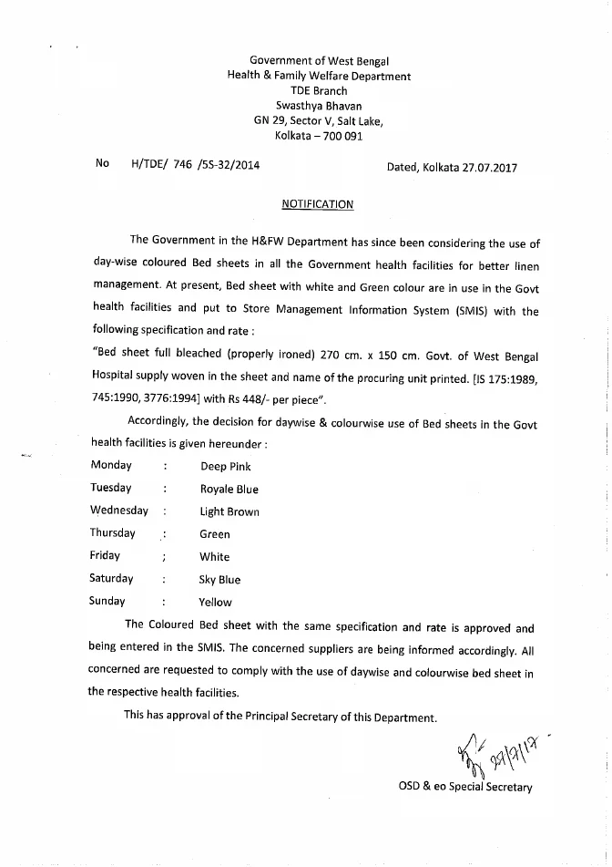 Use of Day-wise Coloured Bed Sheets in all Govt. Hospitals – PDF