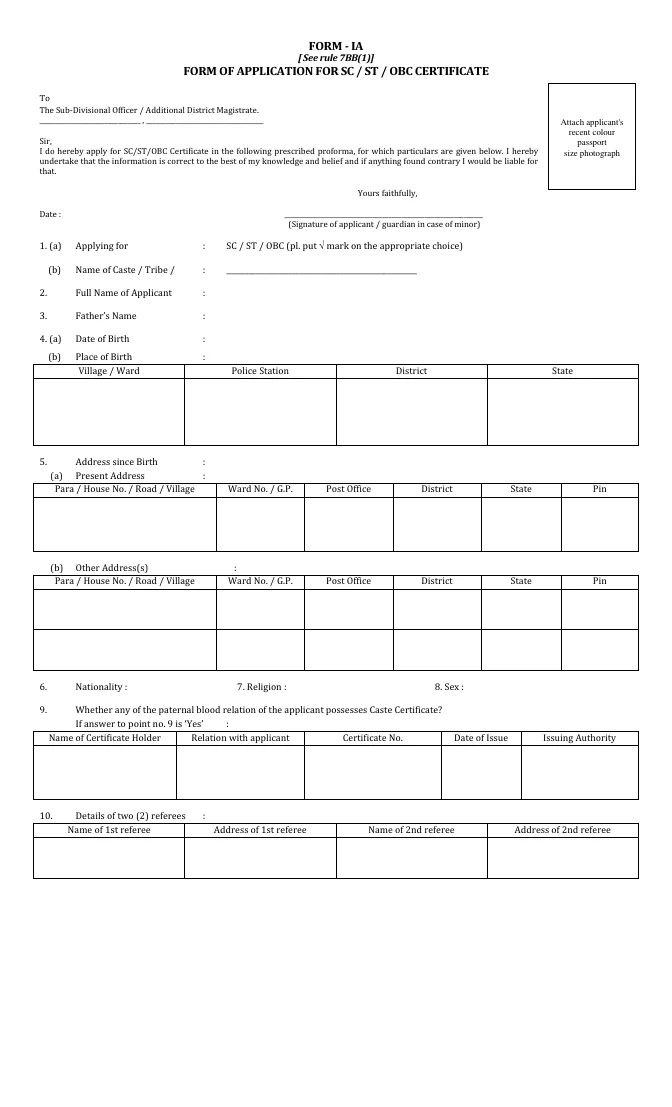 Form of Application for SC/ST/OBC Certificate – PDF