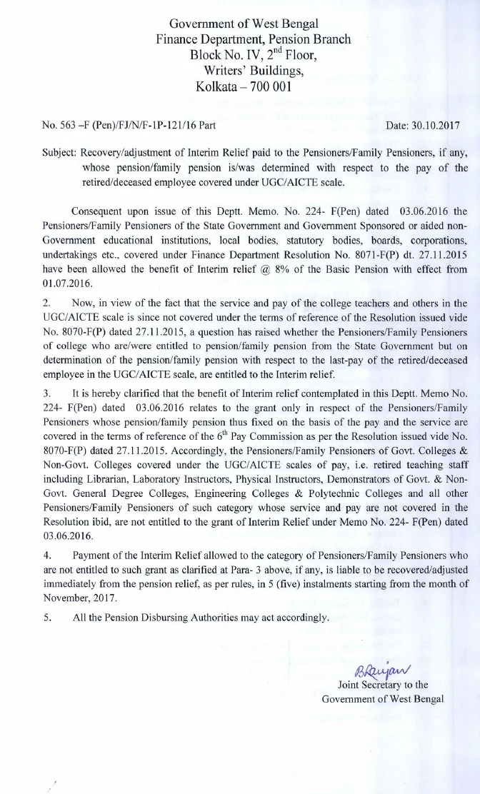 Recovery of Interim Relief paid to the Pensioners – PDF