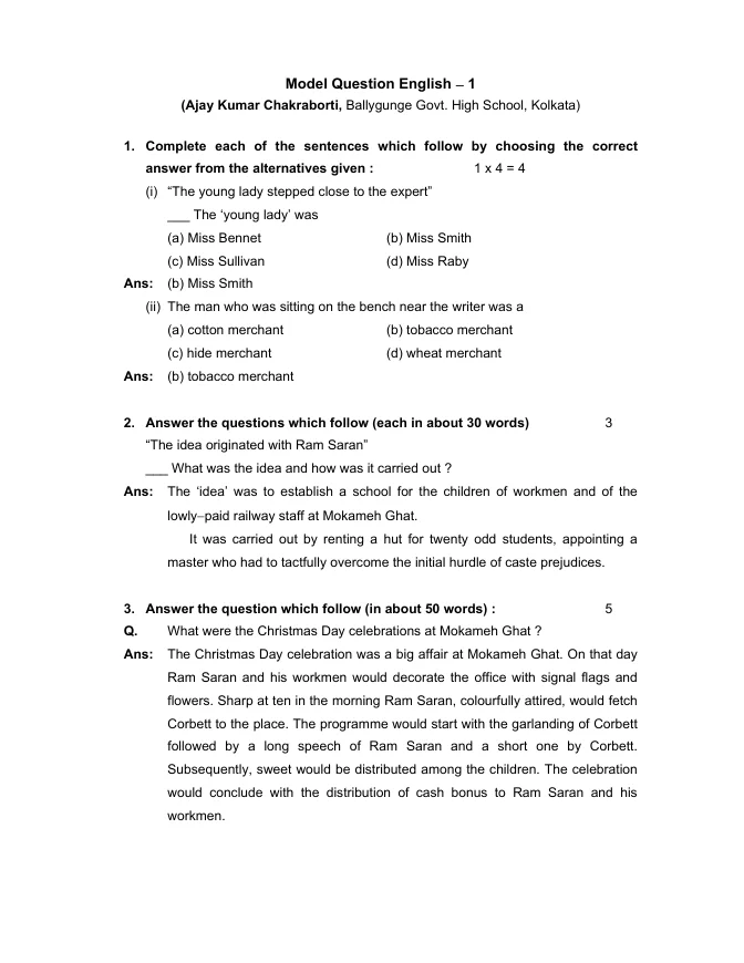 Model Question and Answer for H.S. Examination – PDF