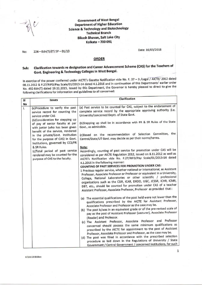 CAS and Re-Designation in Govt. Engineering Colleges – Clarification – PDF