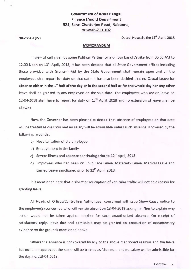 Treatment of Absence on 13.04.2018 for Bandh/Strike – PDF