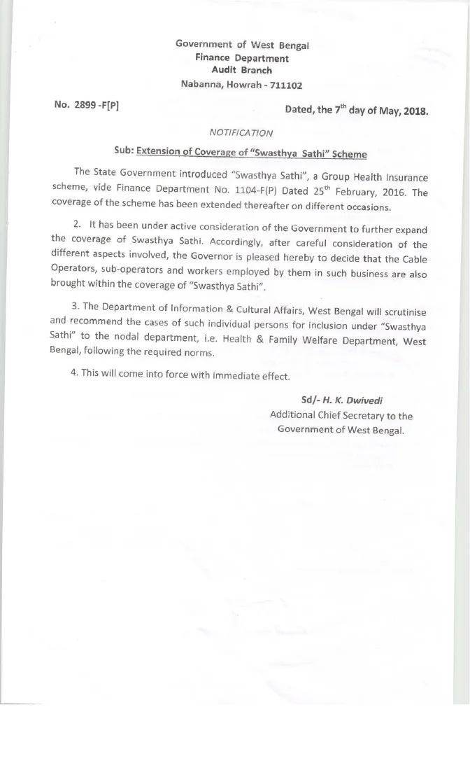 Extension of Swasthya Sathi Scheme for Cable Operators – PDF