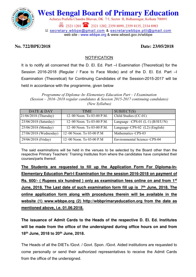 Schedule of D. El. Ed. Part – I Examination (Theoretical), 2018 – PDF