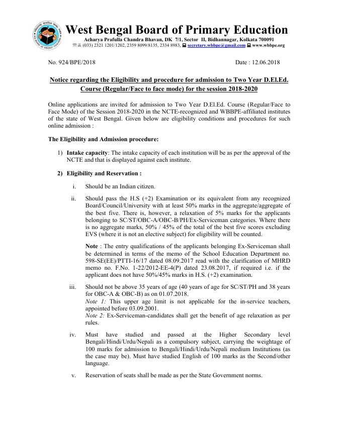 Eligibility and Procedure for Admission to D.El.Ed, 2018-20 – PDF