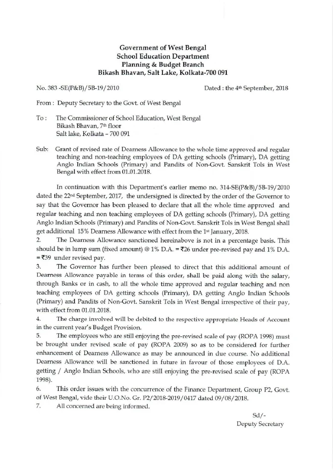 DA to Employees of DA getting Primary School, 2018 – PDF