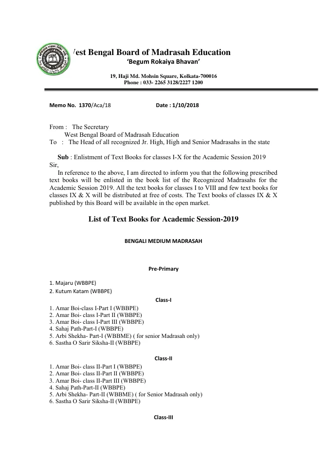 Enlistment of Text Books in Madrasah (Session, 2019) – PDF