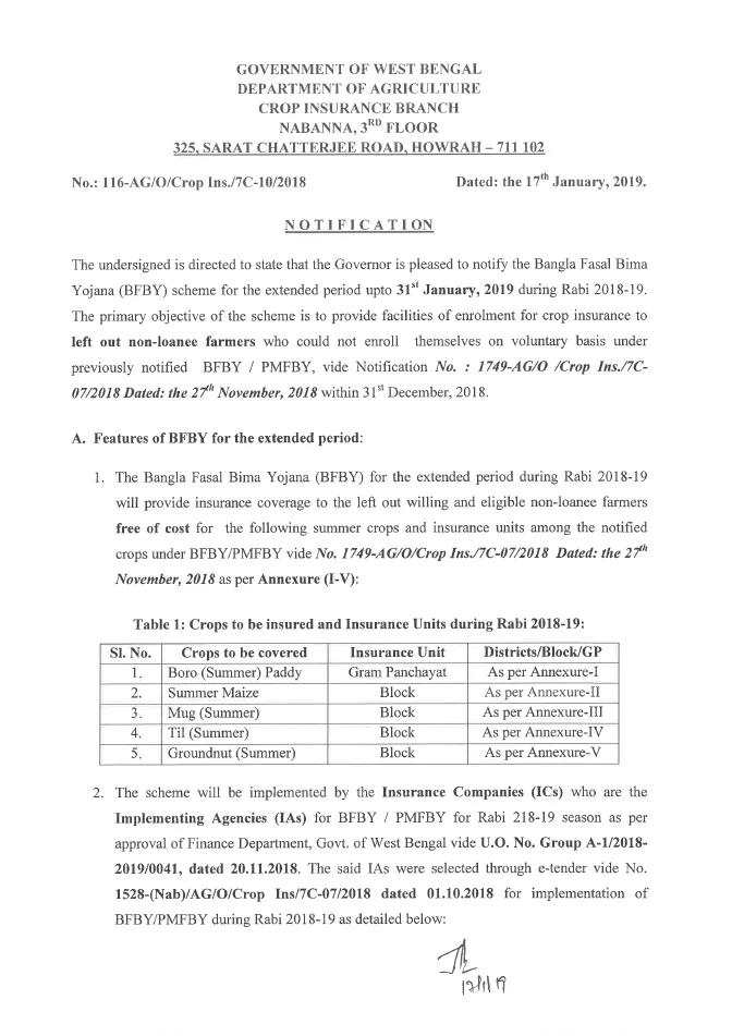Bangla Fasal Bima Yojana – Extended upto January, 2019 – PDF