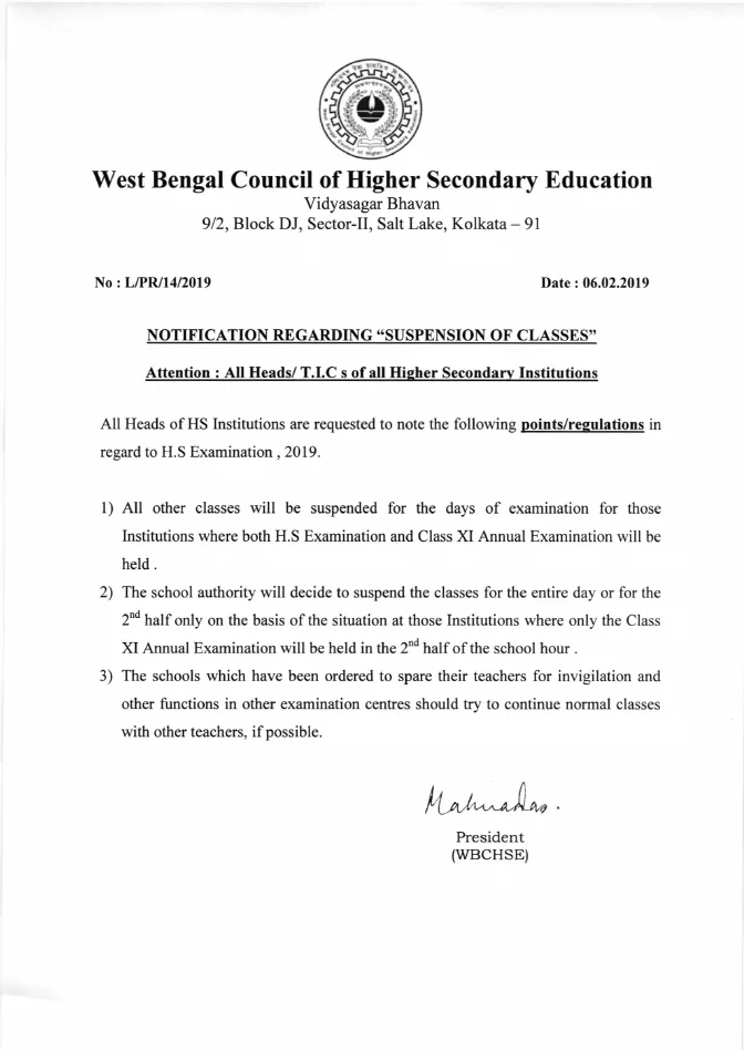 Suspension of Classes during Higher Secondary Examination, 2019 – PDF