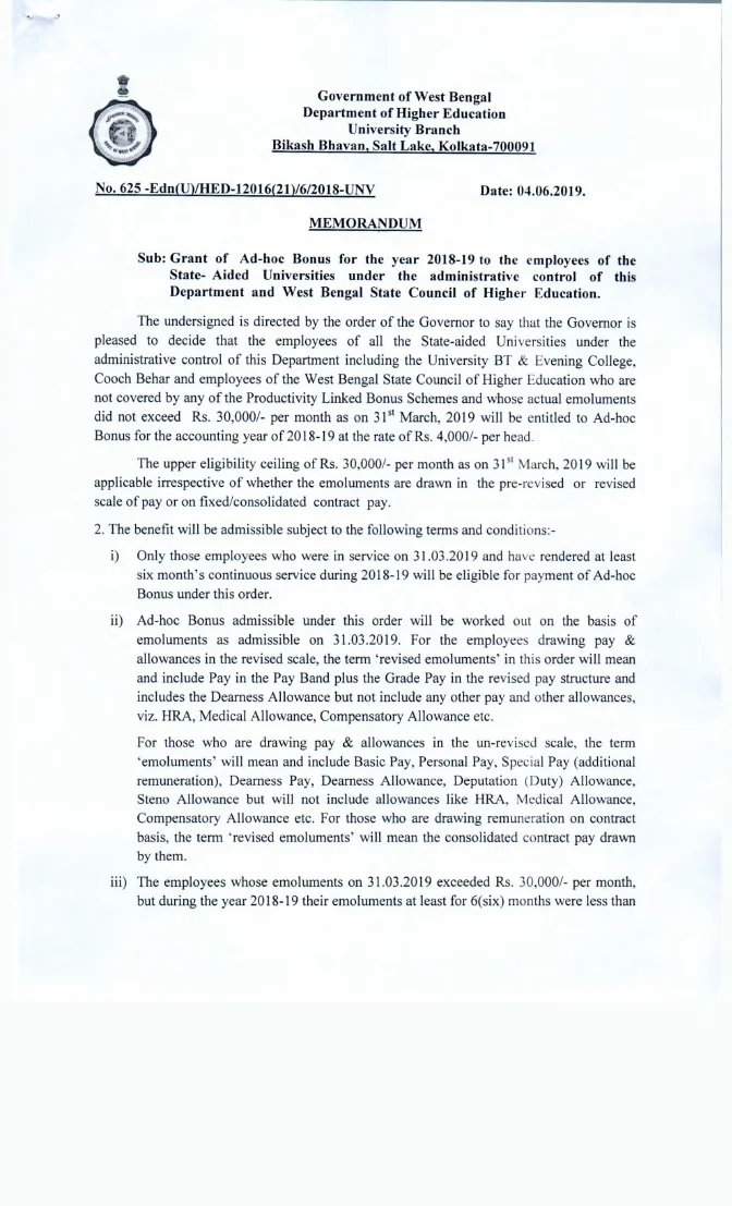 Ad-hoc Bonus to Employees of State-Aided University, 2018-19 – PDF