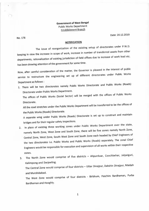 Restructuring Engineering Setup of PWD Creating Five Zones – PDF