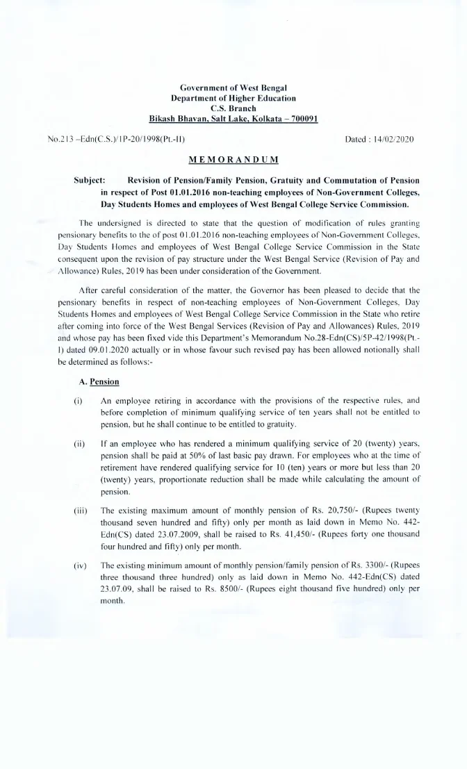 Revision of Pension (Post-01.01.2016) of Non-Teaching Staffs of Non-Govt. Colleges – PDF