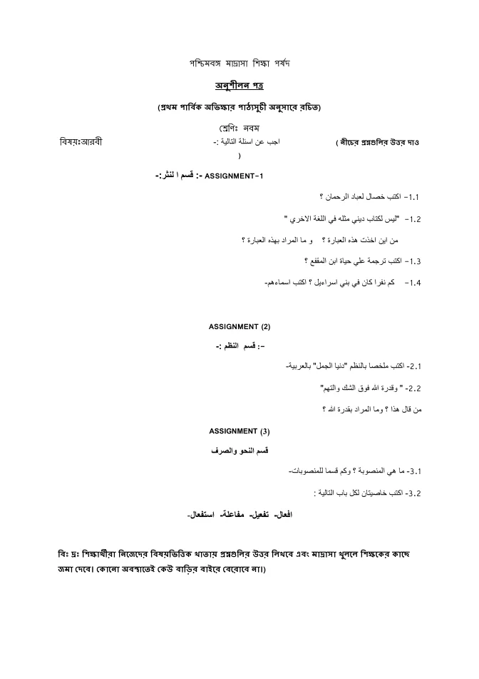 Assignments of All Subjects for Class IX and X of Madrasah – PDF