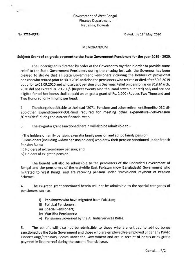 Ex-Gratia Payment to State Govt. Pensioners, 2019-2020 – PDF