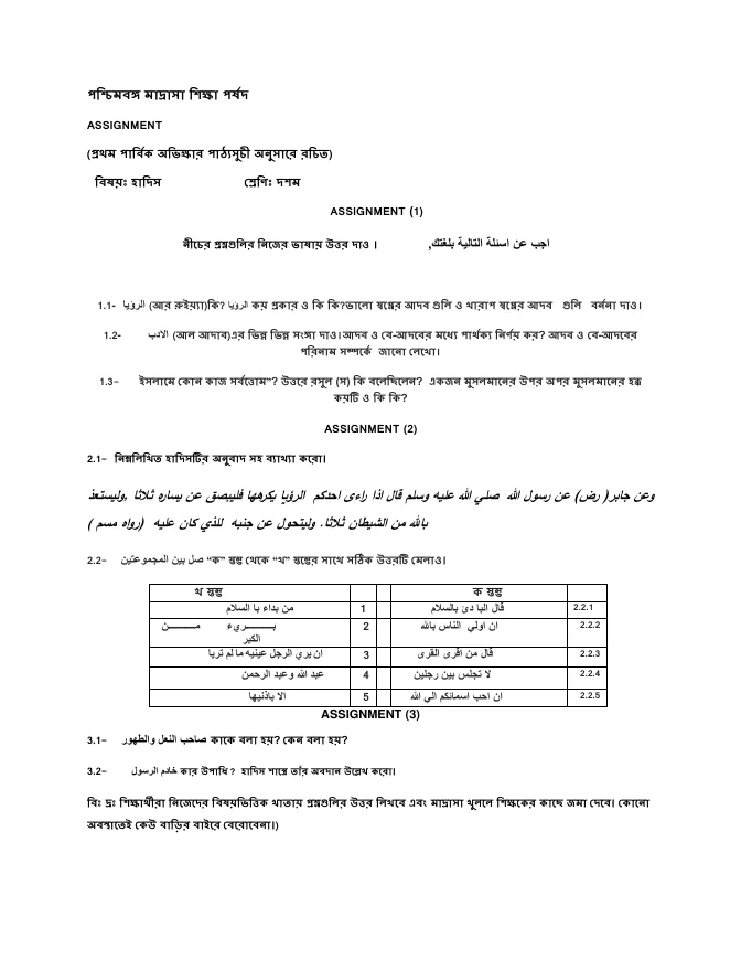 Assignments of All Subjects for Class IX and X of Madrasah – PDF