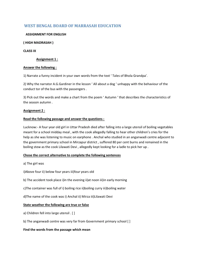 Assignments of All Subjects for Class IX and X of Madrasah – PDF