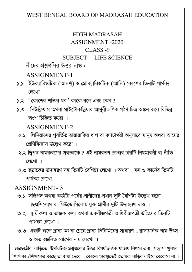 Assignments of All Subjects for Class IX and X of Madrasah – PDF