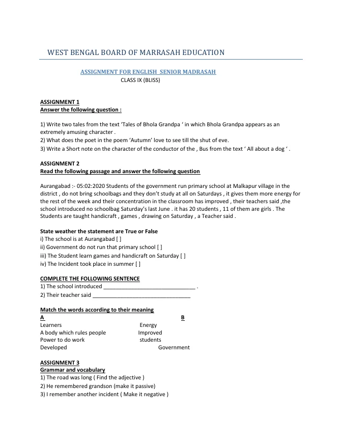 Assignments of All Subjects for Class IX and X of Madrasah – PDF