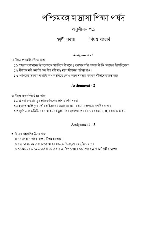 Assignments of All Subjects for Class IX and X of Madrasah – PDF