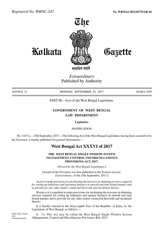West Bengal Single Window System (Management, Control and Miscellaneous Provisions) Act, 2017 – PDF