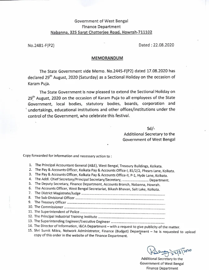 Sectional Holiday on account of Karam Puja, 2020 – PDF