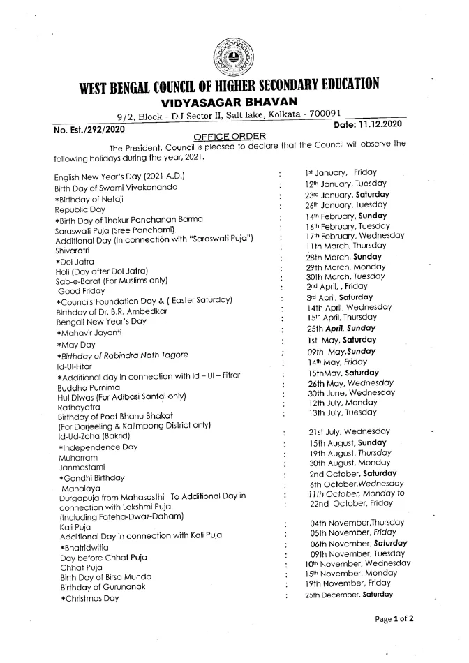 Holiday List of WBCHSE, 2021 – PDF
