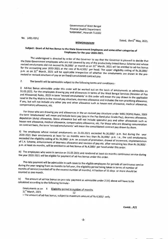 Grant of Ad-hoc Bonus to State Government Employees, 2020-21 – PDF