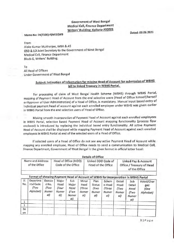 Missing Head of Account for Submission of WBHS Bill – PDF