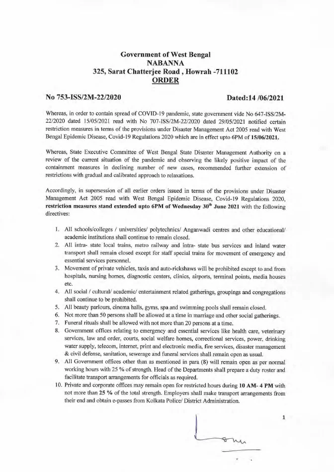 Lockdown in West Bengal Extended upto 30.06.2021 – PDF