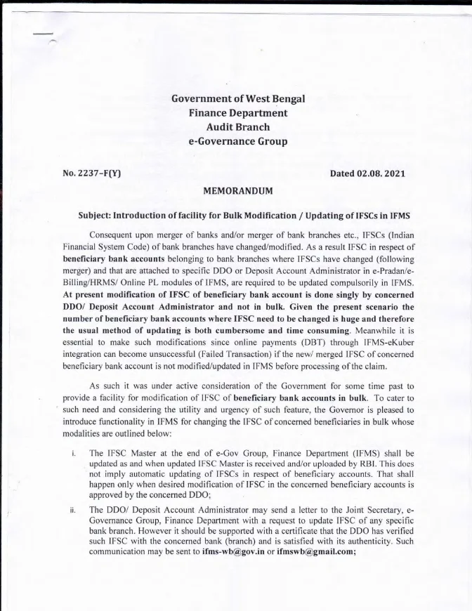 Facility for Bulk Modification/ Updating of IFSCs in IFMS – PDF