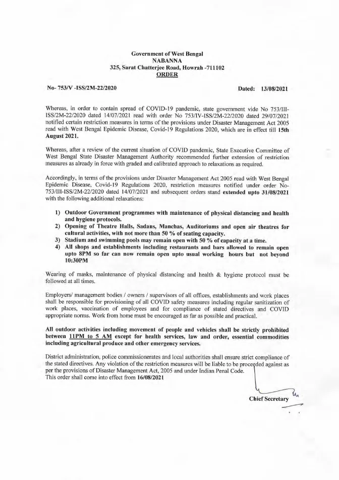 Lockdown in West Bengal Extended upto 31.08.2021 – PDF