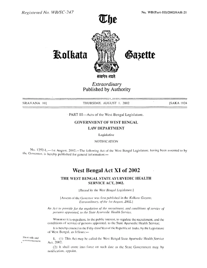 West Bengal State Ayurvedic Health Service Act, 2002 – PDF