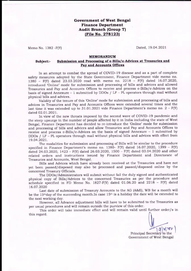 Physical Submission of Bills in Treasuries/ PAOs w.e.f 01.11.2021 – PDF