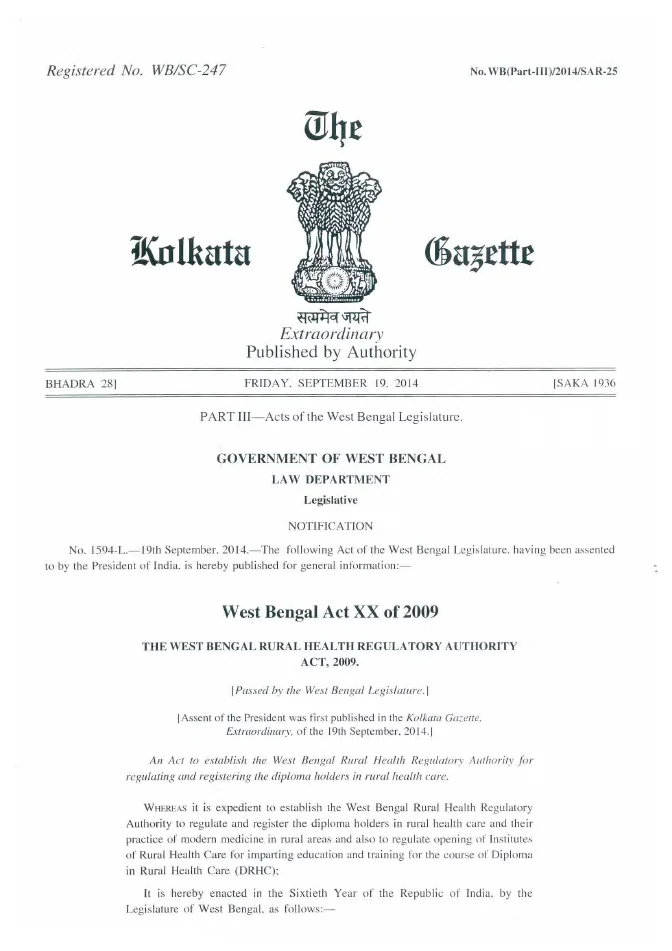 West Bengal Rural Health Regulatory Authority Act, 2009 – PDF