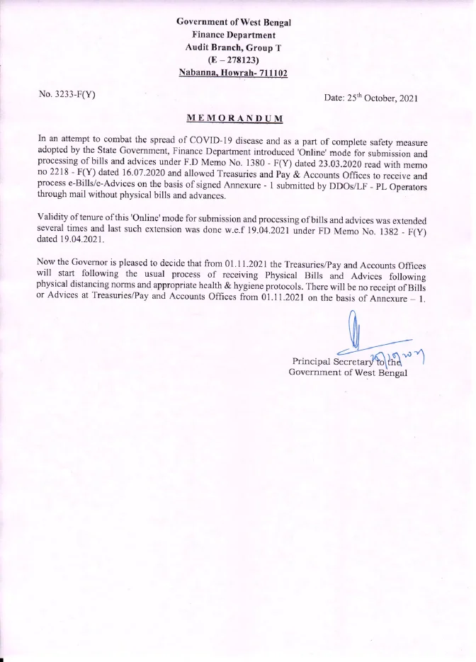 Physical Submission of Bills in Treasuries/ PAOs w.e.f 01.11.2021 – PDF