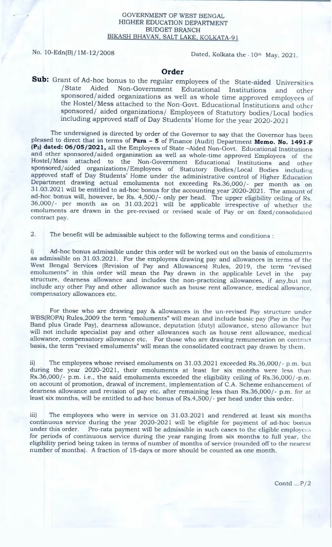 Ad-hoc Bonus to Employees of State-Aided University, 2020-21 – PDF