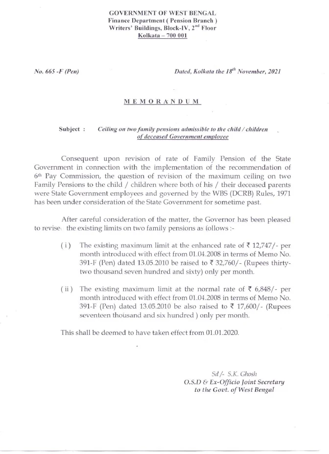 Ceiling on two Family Pensions admissible to Children of deceased Govt Employee – PDF