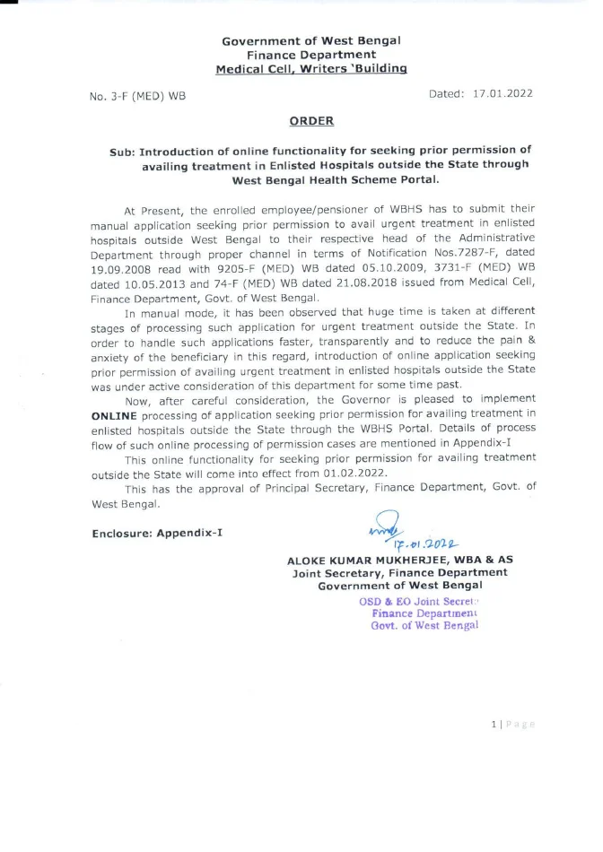 Seeking Prior Online Permission for Treatment outside West Bengal – PDF