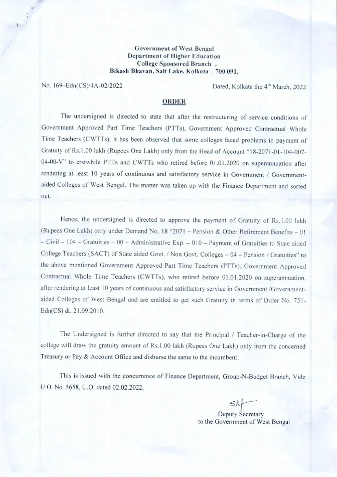 Drawal of Gratuity by erstwhile PTT or CWTT who retired before 01.01.2020 – PDF